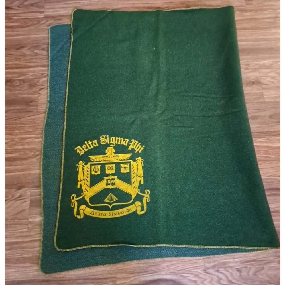 Vintage Delta Sigma Phi Sorority Blanket Throw Green Wool Gold Crest NMU 60x40
